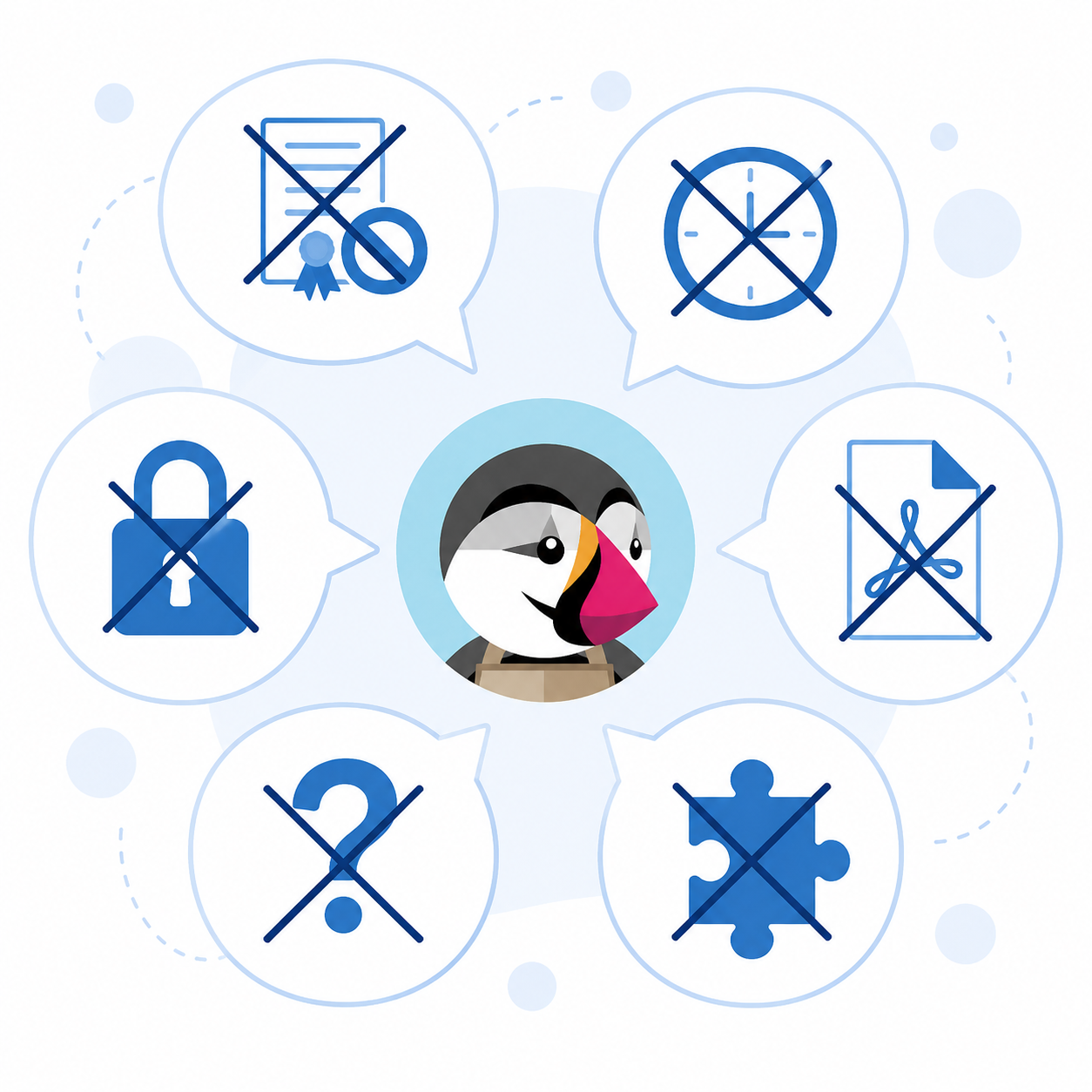 Seis mitos sobre Verifactu en PrestaShop representados con iconos tachados: certificado prohibido, reloj, candado, documento, interrogación y puzzle, rodeando el logo de PrestaShop en el centro