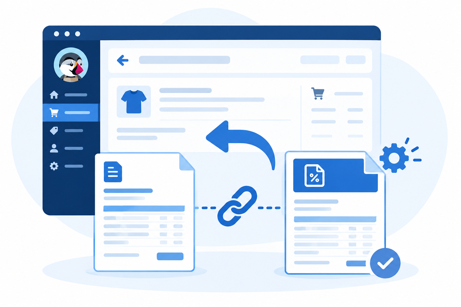 Panel de PrestaShop mostrando una devolución en curso con la factura original vinculada mediante cadena a la factura rectificativa generada automáticamente con Verifactu