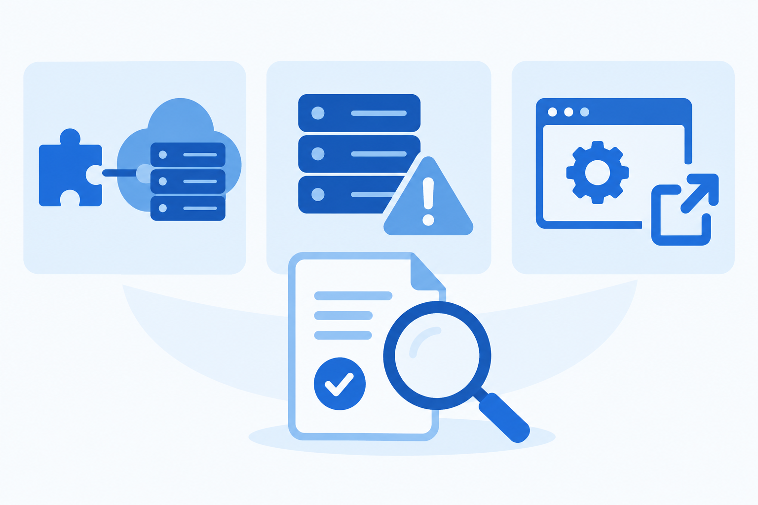 Tres tipos de soluciones Verifactu para PrestaShop representados con iconos: módulo con API en la nube, servidor local con advertencia, y ERP externo, con una lupa revisando un documento de declaración responsable